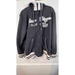 Blue Bay San Diego California Zip Up Hoodie Gray White Varsity Fleece Large